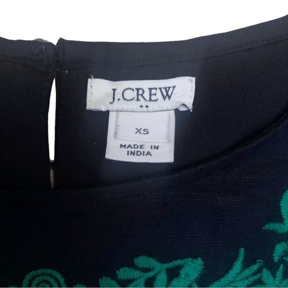 J. Crew Floral Embroidered Navy Blue Green Linen Sleeveless Short Shift Dress XS - Picture 4 of 12